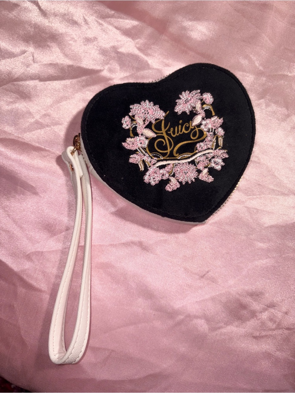 Juicy Couture Black Heart Wristlet with Pink Floral Embroidery and White Strap